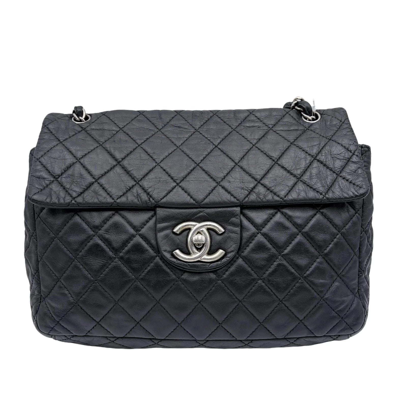 Chanel Black & Silver Jumbo Pleated Lambskin Flap Bag H20095